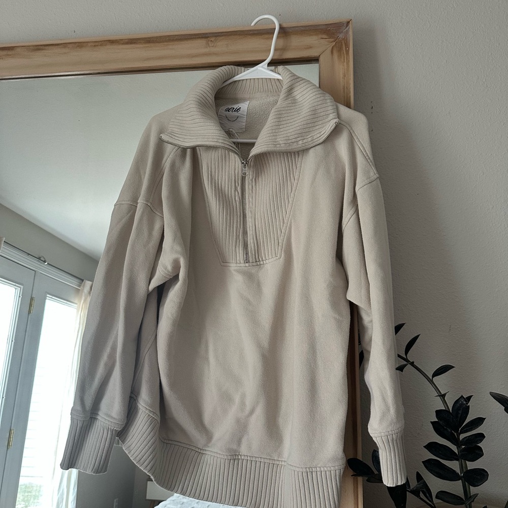 Aerie cream quarter zip sweatshirt